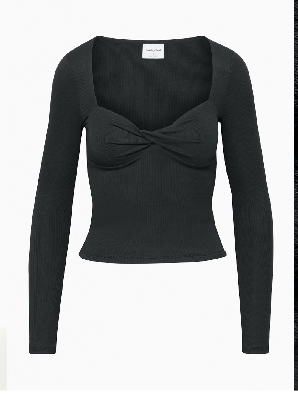Aritzia Sunday Best Lula Black Ribbed Twist-Front Long Sleeve Top
